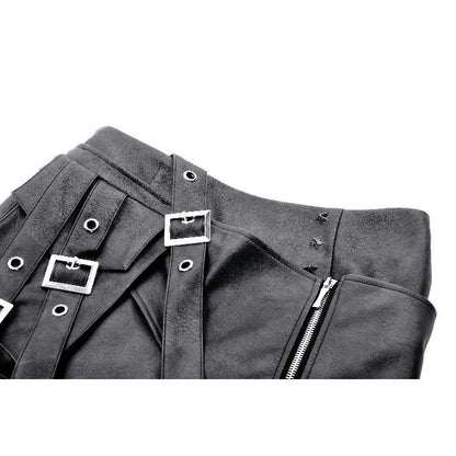 Dark in Love Chaos Reign Faux Leather Mini Skirt showcasing a structured silhouette with asymmetric panels and decorative hardware in black, perfect for bold gothic fashion.