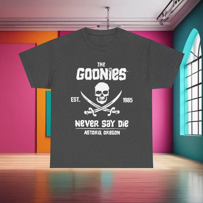 The Goonies Graphic T-Shirt in charcoal, elegantly showcasing 'THE GOONIES' title, skull emblem, and 'NEVER SAY DIE' slogan, perfect for fans seeking a blend of nostalgia and style.