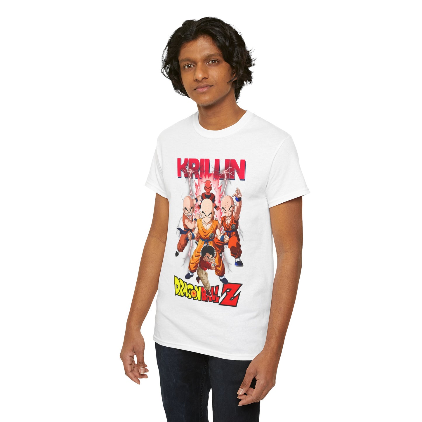 Young man elegantly modelling a luxurious white T-shirt adorned with vibrant artwork of Krillin and Z Fighters from Dragon Ball Z.