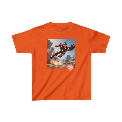 Kids Iron Man Printed Heavy Duty T-Shirt with Hulk Design in vibrant orange, highlighting a heroic Iron Man print for spirited adventures.