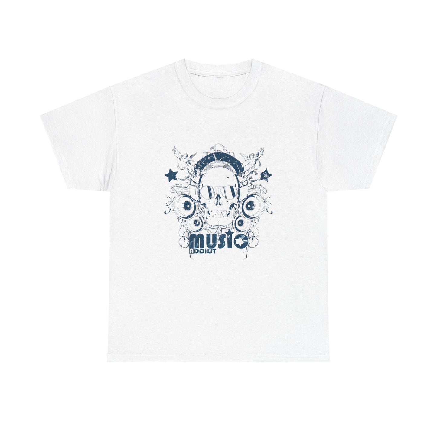 Luxurious Music Addict Skull T-Shirt in white featuring vintage grunge design with intricate skull and headphone graphics ideal for music enthusiasts.