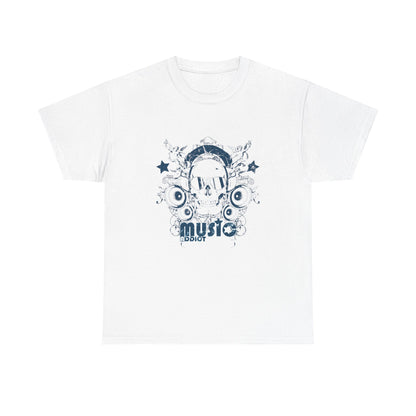 Luxurious Music Addict Skull T-Shirt in white featuring vintage grunge design with intricate skull and headphone graphics ideal for music enthusiasts.