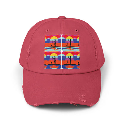 Unisex Distressed Paddleboarders Cap in coral featuring a vibrant paddleboarding graphic, designed for water enthusiasts seeking luxury and style.
