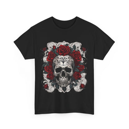 Front view of the Skulls and Roses Cotton Tee featuring a striking steampunk-inspired graphic design with intricate skulls and vibrant red roses, perfect for making a bold fashion statement.