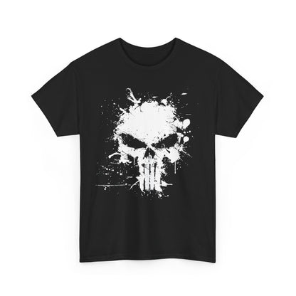 The Punisher Splatter icon Unisex Men´s Women´s Graphic T Shirt Tee showcased on a flat surface, highlighting its edgy white skull graphic and premium fabric.