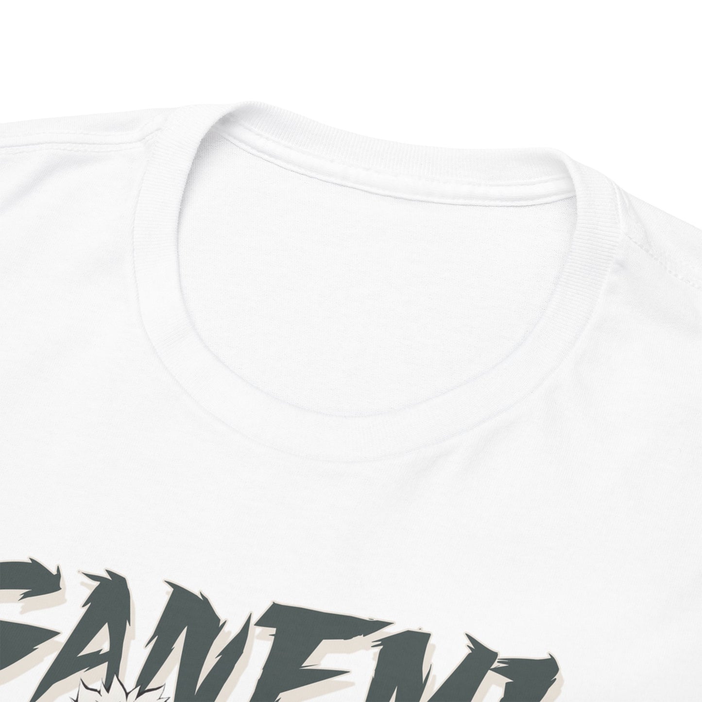 Close-up view of the luxurious collar of the Sanemi Shinazugawa T-shirt, illustrating premium fabric and meticulous craftsmanship.