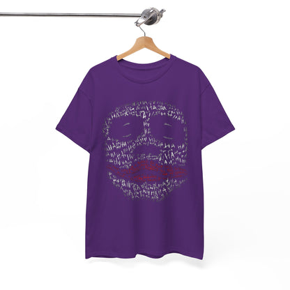 Upscale purple t-shirt handily displayed on a hanger, featuring an avant-garde Joker face graphic, perfect for casual luxury wear.