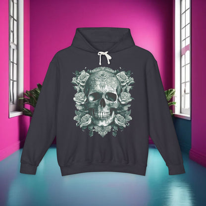 Skull and Roses Lightweight Hoodie, a luxury unisex edgy designer sweatshirt featuring a striking skull and rose design, perfect for fashionable individuals looking to elevate their style.