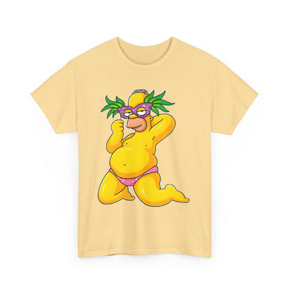 Vibrant front display of the Homer Simpson unisex cotton tee showcasing a playful caricature design of Homer Simpson in vibrant colours, capturing whimsical spirit.