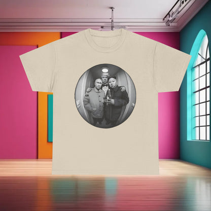 Cotton graphic tee, Meet The Neighbours, depicting political leaders in a quirky and comedic setting, perfect for casual wear.