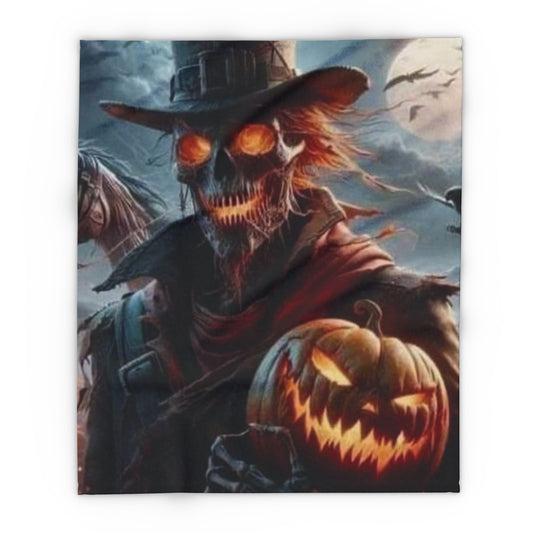 Decorative and Warm Halloween Spooky Arctic Fleece Blanket showcasing a dark, atmospheric character with orange glowing eyes and a pumpkin, perfect for luxurious Halloween celebrations.