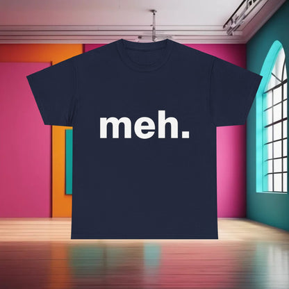 Stylish Urban Unisex Cotton Tee in a deep navy hue displaying the 'Meh' Graphic, perfect for casual elegance by Dazzling Dreams.