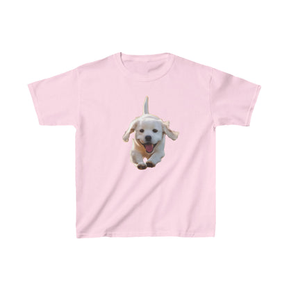Leaping Puppy Kids Tee in light pink, adorned with a delightful leaping puppy image, perfect for adding whimsy to children's attire.
