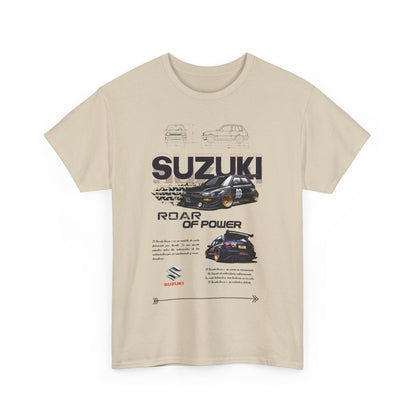 Luxurious Suzuki Forza T-Shirt in cream with vibrant graphics and the slogan 'ROAR OF POWER'. This stylish piece embodies automotive passion while offering a chic addition to any wardrobe.