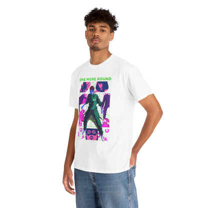 High-quality model wearing a white Squid Game graphic t-shirt, displaying an eye-catching artwork of 'ONE MORE ROUND', designed for trendsetters who appreciate bold fashion.