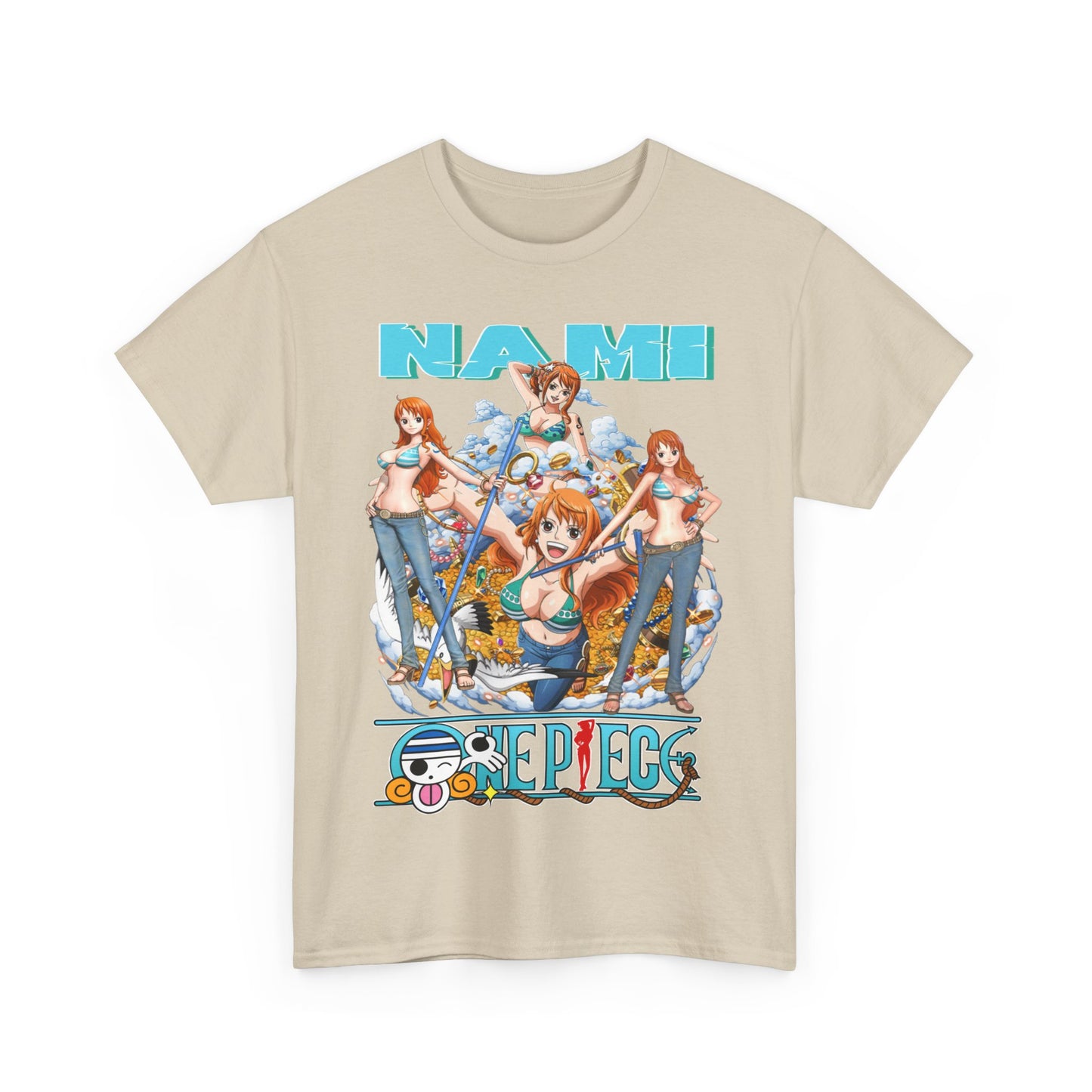Premium Nami anime t-shirt featuring vibrant artwork with multiple illustrations of the character Nami from a popular anime series against a light beige background, representing adventure and style.