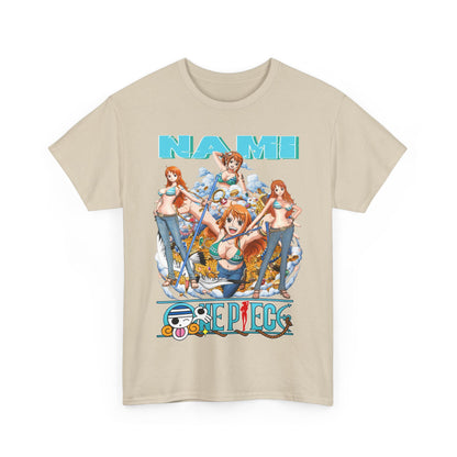 Premium Nami anime t-shirt featuring vibrant artwork with multiple illustrations of the character Nami from a popular anime series against a light beige background, representing adventure and style.