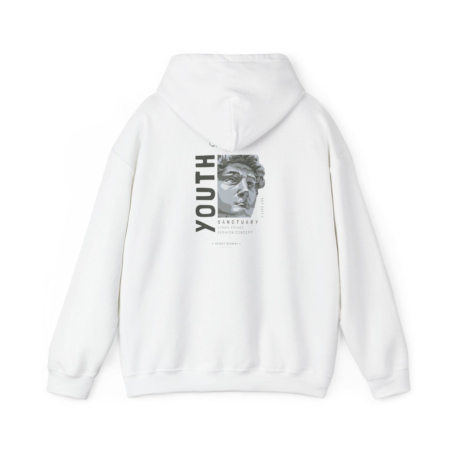 Elegant white hoodie featuring a striking back print of a sculpted bust with the word 'YOUTH', the phrase 'SANCTUARY' and 'urban street fashion concept', perfect for a chic streetwear look.