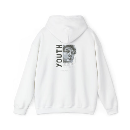 Elegant white hoodie featuring a striking back print of a sculpted bust with the word 'YOUTH', the phrase 'SANCTUARY' and 'urban street fashion concept', perfect for a chic streetwear look.