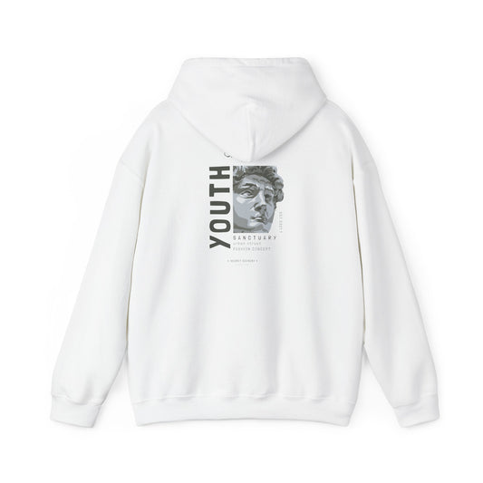 Elegant white hoodie featuring a striking back print of a sculpted bust with the word 'YOUTH', the phrase 'SANCTUARY' and 'urban street fashion concept', perfect for a chic streetwear look.