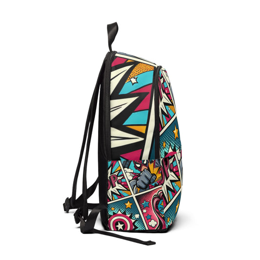 Close-up view of the Vibrant Pop Art Cartoon Backpack featuring vivid colours and engaging patterns by Dazzling Dreams Studio.