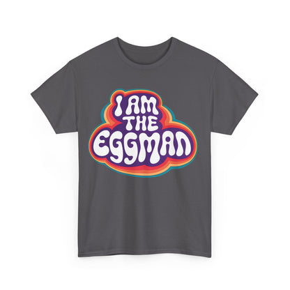 I Am The Eggman Graphic T-Shirt in charcoal, elegantly displaying a whimsical graphic that bridges classic culture and modern fashion.