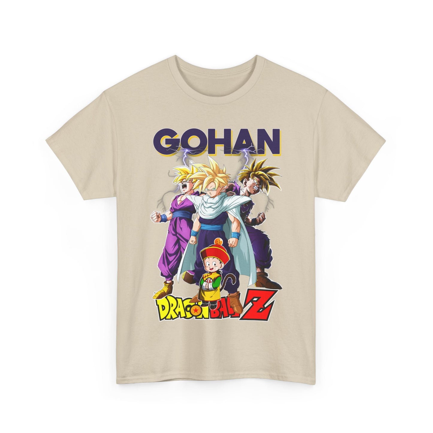 Stylish Dragon Ball Z Gohan T-shirt featuring vibrant graphic of Gohan and his allies, perfect for anime enthusiasts seeking luxury and comfort.