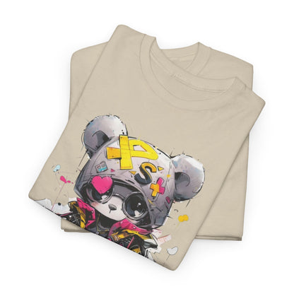 Soft beige men's t-shirts stacked, showcasing the playful panda bear design in an eye-catching street style.