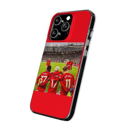 Manchester United Mainoo Garnach Hojlund Soft Phone Case featuring iconic team design, showcasing players celebrating on the pitch, ideal for soccer fan gift.