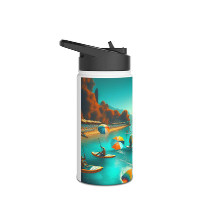 Luxury Fantasy Paddleboarding Stainless Steel Water Bottle with vibrant paddleboarding graphics, showcasing beach umbrellas and serene water, ideal for stylish hydration.