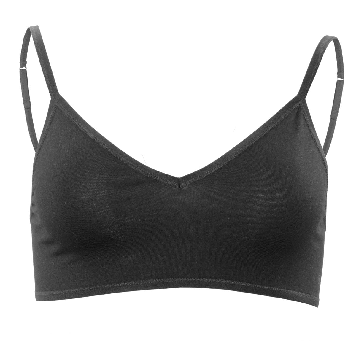 Elegant luxury organic cotton V-neck bralette showcasing soft jersey fabric and elastic straps, perfect for comfortable wear in sizes S to L.