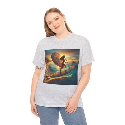Model wearing the Delightfull Paddle Board T-Shirt by Dazzling Dreams Studio, illustrating how this tee enhances the paddleboarding lifestyle.