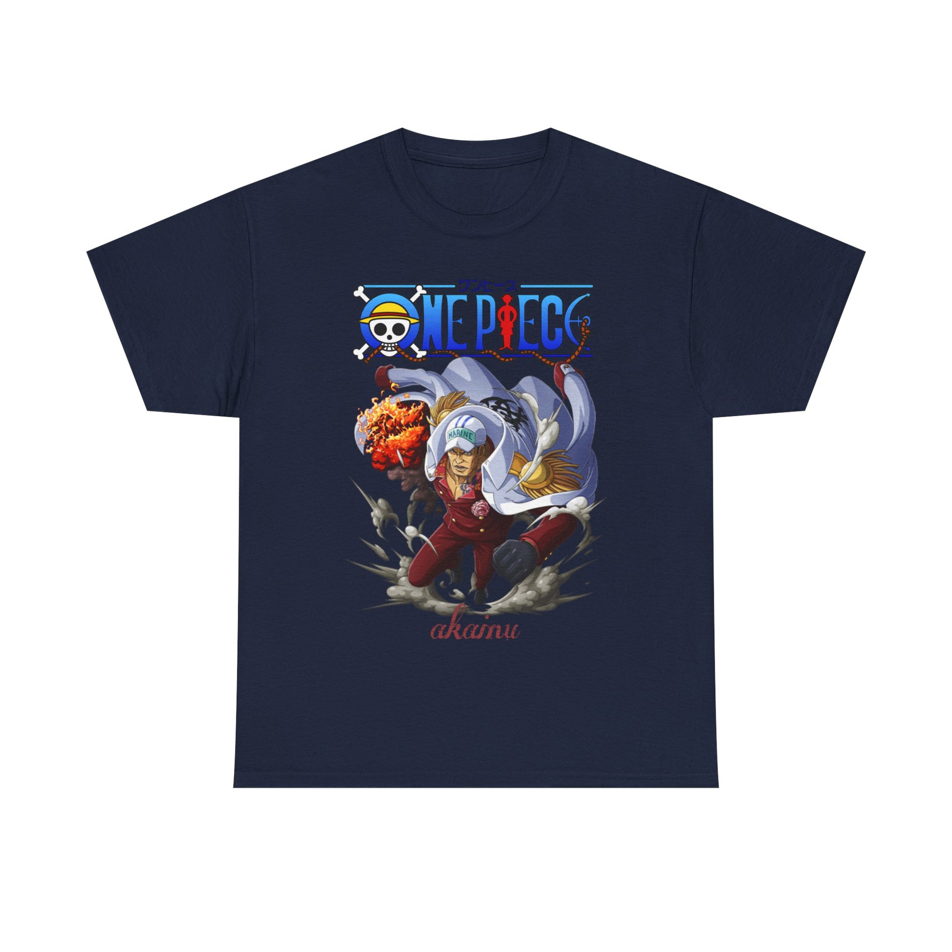 Refined navy One Piece Akainu t-shirt featuring a bold illustration of the iconic character Akainu, accentuated by vibrant design elements, capturing the essence of adventure from the beloved anime.
