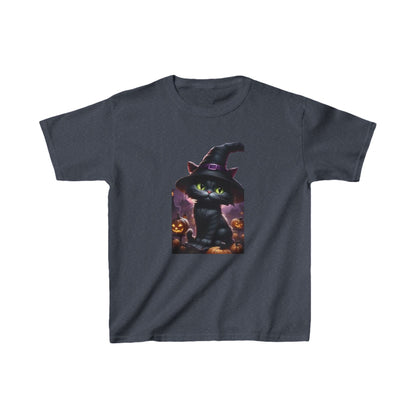 Kids Cute Kitten Halloween T-shirt showcasing an adorable black kitten dressed as a witch, surrounded by pumpkins, ideal for stylish Halloween attire in dark grey.