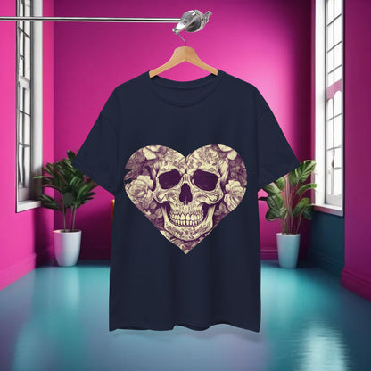 Styled display of Skulls and Roses Cotton Tee in a vibrant interior setting, highlighting the unique skull and rose motif.