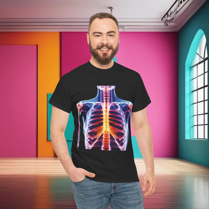 Xray Graphic T-Shirt displayed by a smiling model in an urban setting, showcasing trendy streetwear style crafted from premium cotton for ultimate comfort and a striking design.