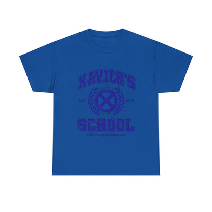 Premium graphic tee shirt showcasing the iconic Xavier's School for Gifted Youngsters X-Men logo in striking blue on a classic blue background.