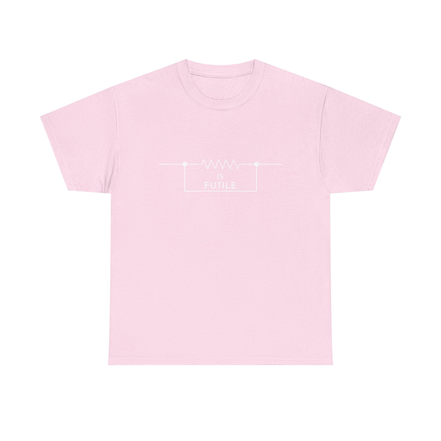 Charming pink unisex t-shirt featuring a tasteful graphic design with a resistor symbol and the text 'IS FUTILE' in striking white, a luxurious nod to the Borg theme from Star Trek.