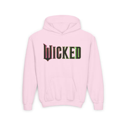Childs Wicked Movie Graphic Pullover Hoodie in pink, featuring the stylishly crafted 'Wicked' logo, a perfect addition to any child's contemporary collection.
