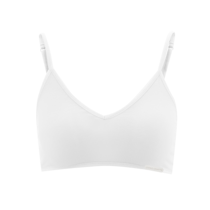 Model wearing Luxury Organic Cotton Spaghetti Strap Bralette, demonstrating the elegant fit and versatile style suitable for various outfits.