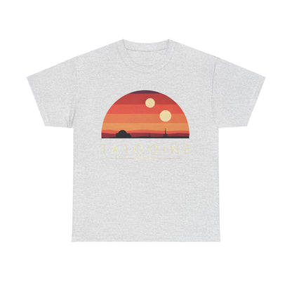 Tatooine Graphic Unisex Tee Shirt in grey showcasing a captivating sunset design with two suns, established in 1977. Designed for elegance with premium soft fabric.