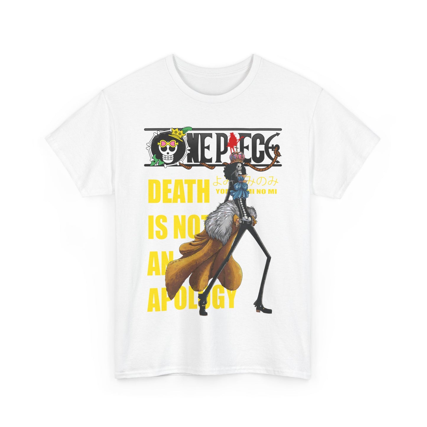 Premium white One Piece graphic tee showcasing a unique character illustration and bold yellow lettering, designed for sophisticated anime enthusiasts.