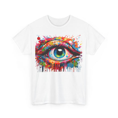 Front view of the Visionary Drip Graffiti Graphic Unisex T Shirt Tee featuring a vibrant, artistic eye design in multi-colours against a white fabric backdrop.