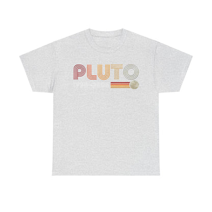 PLUTO Retro Graphic Unisex T-Shirt in Soft Cotton - Celestial Tribute Tee with an eye-catching design displaying 'PLUTO' and '1930-2006' in delightful retro colours on a light grey canvas.