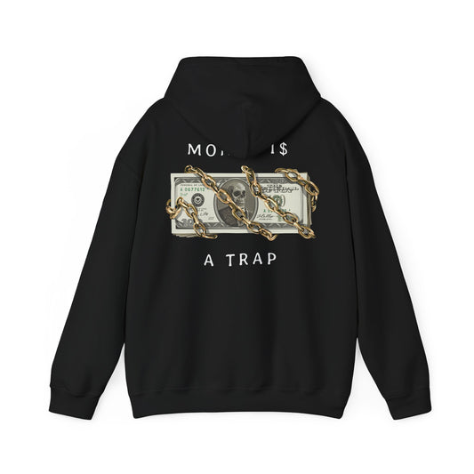 Elegant black hoodie showcasing a striking back graphic of dollar bills and gold chains, with the phrase 'MONEY IS $ A TRAP' artistically displayed, perfect for making a stylish impression.