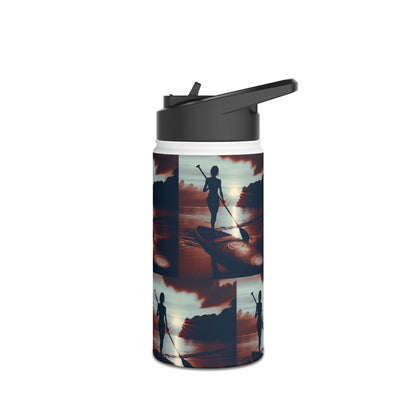 Luxury Fantasy Paddleboarding Stainless Steel Water Bottle with artistic graphics of a paddleboarder at sunset, showcasing elegance and functionality.