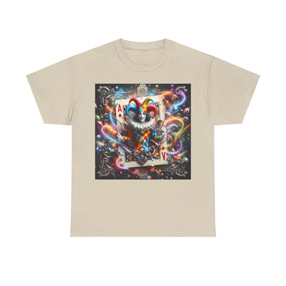 Luxurious Harlequin Playing Card Graphic Tee featuring a vibrant clown design, perfect for stylish unisex fashion.