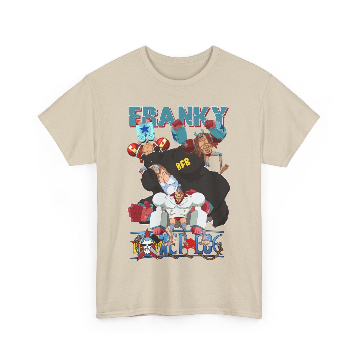 Front view of a luxurious beige t-shirt featuring bold anime graphic art of Franky, symbolizing adventure and style.