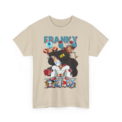 Front view of a luxurious beige t-shirt featuring bold anime graphic art of Franky, symbolizing adventure and style.
