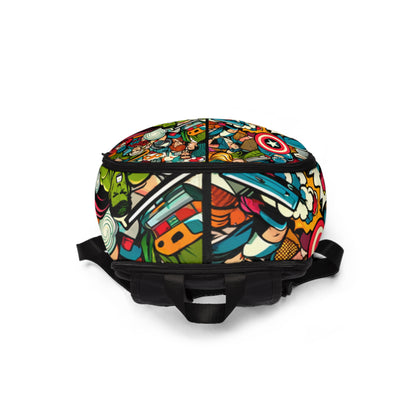 Exquisite detail of Dazzling Dreams Studio's Pop Art Fusion Backpack featuring dynamic colours and ergonomic straps, ideal for stylish comfort and functionality.